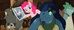 Size: 400x167 | Tagged: safe, screencap, louise, maud pie, pinkie pie, pushkin, earth pony, frilled lizard, pony, g4, my little pony: the movie, animated, bad breath, barrel vendor, bird vendor, female, gif, in which pinkie pie forgets how to gravity, klugetown, klugetowner, lizard vendor, mare, pinkie being pinkie, pinkie physics, unnamed character, unnamed klugetowner, visible stench