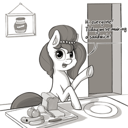 Size: 2304x2304 | Tagged: safe, alternate version, artist:dsp2003, oc, oc only, oc:brownie bun, oc:richard, earth pony, pony, horse wife, cucumber, female, food, herbivore, kitchen, knife, leek, male, mare, monochrome, open mouth, pickle rick, rick and morty, this will end in tears and/or breakfast, tomato, underhoof