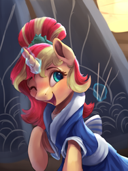 Size: 800x1066 | Tagged: safe, artist:vanillaghosties, sunset shimmer, pony, unicorn, equestria girls, g4, good vibes, my little pony equestria girls: summertime shorts, clothes, cute, equestria girls ponified, female, happi, mare, obi, one eye closed, open mouth, ponified, shimmerbetes, smiling, solo, sunset sushi, toy interpretation