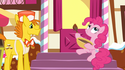 Size: 1920x1080 | Tagged: safe, screencap, carrot cake, pinkie pie, earth pony, pony, g4, the one where pinkie pie knows, bowl, female, male, mare, mixing bowl, stallion