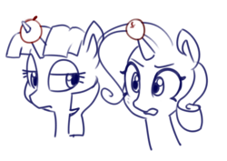 Size: 1105x782 | Tagged: safe, artist:lilfunkman, rarity, twilight sparkle, pony, unicorn, g4, apple, bust, female, food, horn, horn guard, horn impalement, mare, monochrome, open mouth, simple background, sketch