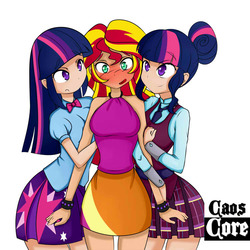 Size: 750x750 | Tagged: safe, artist:caoscore, sci-twi, sunset shimmer, twilight sparkle, alicorn, equestria girls, g4, blushing, blushing profusely, breasts, busty sunset shimmer, clothes, cute, embarrassed, female, hair bun, human coloration, lesbian, ship:sci-twishimmer, ship:sunset twiangle, ship:sunsetsparkle, shipping, simple background, skirt, sleeveless, smiling, sunset shimmer's skirt, twilight sparkle (alicorn), twilight sparkle's skirt, twolight, white background