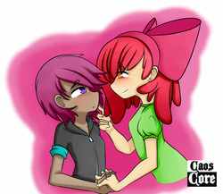 Size: 750x650 | Tagged: safe, artist:caoscore, apple bloom, scootaloo, equestria girls, g4, blushing, clothes, dark skin, female, holding hands, lesbian, looking at each other, ship:scootabloom, shipping
