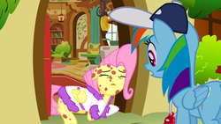 Size: 1920x1080 | Tagged: safe, screencap, fluttershy, rainbow dash, g4, hurricane fluttershy, acting, baseball cap, bathrobe, cap, clothes, coach, coach rainbow dash, eyes closed, floppy ears, fluttershy's cottage, hat, moe, open mouth, rainbow dashs coaching whistle, robe, sad, sick, weak, whistle, whistle necklace