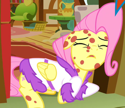 Size: 831x714 | Tagged: safe, screencap, fluttershy, pegasus, pony, g4, hurricane fluttershy, acting, bathrobe, clothes, cropped, eyes closed, female, floppy ears, fluttershy's cottage, mare, moe, open mouth, pony pox, prone, robe, sad, sick, solo, weak