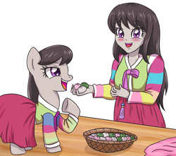 Size: 3543x3129 | Tagged: safe, artist:sumin6301, octavia melody, earth pony, human, pony, equestria girls, g4, basket, clothes, cute, female, food, hanbok, high res, human ponidox, mare, open mouth, self ponidox, traditional dress, underhoof
