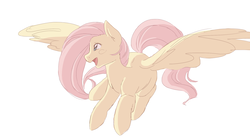 Size: 1800x1000 | Tagged: safe, artist:liquidcosmos, fluttershy, pegasus, pony, g4, female, flying, long mane, looking away, mare, open mouth, simple background, smiling, solo, spread wings, white background, wings