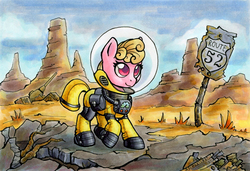 Size: 1000x683 | Tagged: safe, artist:asimos, oc, oc only, oc:puppysmiles, earth pony, pony, fallout equestria, fallout equestria: pink eyes, fanfic, fanfic art, female, filly, foal, hazmat suit, hooves, post-apocalyptic, route 52, solo, traditional art, wasteland