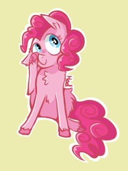 Size: 608x811 | Tagged: safe, artist:mad-maker-cat, pinkie pie, earth pony, pony, g4, chest fluff, cute, diapinkes, ear fluff, female, heart eyes, horses doing horse things, leg fluff, mare, ponk, scratching, simple background, solo, unshorn fetlocks, wingding eyes, yellow background