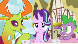 Size: 960x540 | Tagged: safe, edit, screencap, spike, starlight glimmer, thorax, changedling, changeling, dragon, pony, g4, triple threat, animated, cup, frown, gif, king thorax, loop, ponyville, teacup