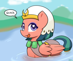 Size: 800x665 | Tagged: safe, artist:puetsua, somnambula, bird, pegasus, pony, daring done?, g4, :p, behaving like a bird, birb, cute, dialogue, female, heart, heart eyes, mare, mlem, pegaduck, quack, silly, solo, somnambetes, tongue out, water, wingding eyes