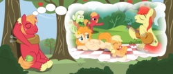 Size: 14000x6000 | Tagged: safe, artist:estories, artist:mundschenk85, applejack, big macintosh, bright mac, granny smith, pear butter, pony, g4, the perfect pear, absurd resolution, big macintosh's yoke, blank flank, blushing, braid, brother and sister, colt big macintosh, father and daughter, father and son, female, filly, filly applejack, foal, grandmother and grandchild, grandmother and granddaughter, grandmother and grandson, guitar, horse collar, implied apple bloom, male, memory, mother and child, mother and daughter, mother and daughter-in-law, mother and son, pregnant, pregnant pear butter, ship:brightbutter, shipping, show accurate, siblings, singing, sisters, straight, thought bubble, tree, vector, younger