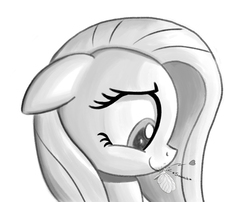 Size: 1638x1325 | Tagged: safe, artist:heartlyrosalie, fluttershy, butterfly, g4, bust, female, floppy ears, monochrome, portrait, profile, simple background, smiling, smooch, solo, white background