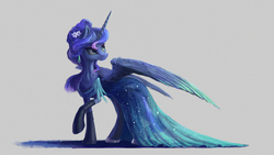 Size: 1926x1084 | Tagged: safe, artist:plainoasis, princess luna, alicorn, pony, g4, alternate hairstyle, beautiful, clothes, dress, female, looking back, mare, simple background, solo