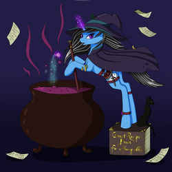 Size: 3000x3000 | Tagged: safe, artist:alicekvartersson, oc, oc only, oc:silver lining, pony, unicorn, black cat, book, cauldron, clothes, costume, high res, jewelry, knife, magic, potion, potion making, recipe, solo, witch, ych result