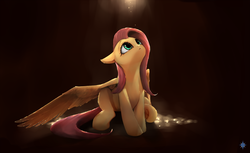 Size: 2700x1650 | Tagged: safe, artist:noctilucent-arts, edit, fluttershy, pony, g4, female, floppy ears, looking at something, looking up, mare, one wing out, sitting, solo, spread wings, wings