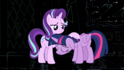 Size: 1920x1080 | Tagged: safe, edit, edited screencap, screencap, starlight glimmer, twilight sparkle, alicorn, pony, unicorn, fame and misfortune, g4, my little pony: friendship is magic, comforting, comforting twilight, darkness, eyes closed, floppy ears, mirror, sad, twilight sparkle (alicorn)