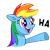 Size: 160x160 | Tagged: safe, edit, rainbow dash, pegasus, pony, g4, my little pony: the movie, animated, facebook, facebook sticker, female, gif, ha, juxtaposition bait, open mouth, open smile, pointing, reaction image, simple background, smiling, solo, sticker, underhoof, white background