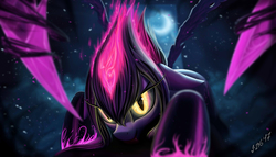 Size: 1983x1133 | Tagged: safe, artist:zigword, pony, crescent moon, crossover, evelynn, female, horseshoes, league of legends, looking at you, mare, moon, ponified, scorpion tail, slit pupils, solo