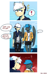 Size: 637x1003 | Tagged: safe, artist:redxbacon, oc, oc only, oc:jade shine, oc:note clip, anthro, ..., clothes, comic, exclamation point, female, lesbian, panels, pictogram