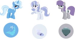 Size: 1399x738 | Tagged: safe, artist:6figersloverever, maud pie, trixie, oc, oc:shiny quartz, earth pony, pony, unicorn, g4, alternate hairstyle, base used, cutie mark, cutie mark background, female, lesbian, magical lesbian spawn, mare, offspring, open mouth, parents:mauxie, raised hoof, ship:mauxie, shipping, simple background, smiling, transparent background