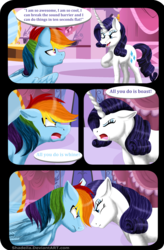 Size: 3228x4917 | Tagged: safe, artist:shadeila, rainbow dash, rarity, pegasus, pony, unicorn, comic:why did i fall in love with her?, g4, carousel boutique, dialogue, eyes closed, female, floppy ears, high res, lesbian, looking at each other, mare, open mouth, raised hoof, ship:raridash, shipping