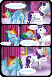 Size: 3656x5376 | Tagged: safe, artist:shadeila, rainbow dash, rarity, pegasus, pony, unicorn, comic:why did i fall in love with her?, g4, absurd resolution, carousel boutique, dialogue, eyes closed, female, floppy ears, lesbian, mare, open mouth, ship:raridash, shipping
