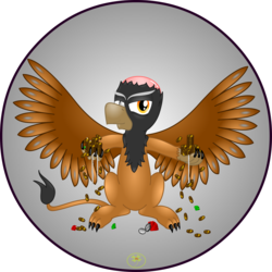 Size: 5000x5000 | Tagged: safe, artist:lakword, oc, oc only, oc:gorscar, griffon, absurd resolution, bald, evil grin, gold coins, grin, holding, rich, simple background, sitting, smiling, solo, transparent background, treasure
