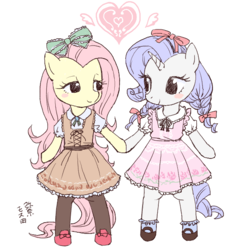 Size: 594x620 | Tagged: safe, artist:yanamosuda, fluttershy, rarity, pegasus, unicorn, semi-anthro, g4, arm hooves, blushing, bow, clothes, cute, eye contact, female, hair bow, holding hooves, lesbian, looking at each other, mare, raribetes, ship:flarity, shipping, shoes, shyabetes, smiling, socks