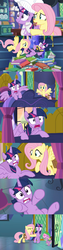 Size: 852x3359 | Tagged: safe, screencap, fluttershy, spike, twilight sparkle, alicorn, dragon, pony, a health of information, g4, book, book nest, faic, hat, saddle bag, surprised, twilight sparkle (alicorn)