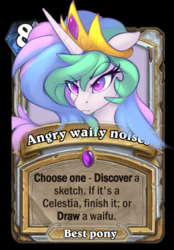 Size: 392x564 | Tagged: safe, alternate version, artist:oksara, princess celestia, alicorn, pony, g4, :3, :<, angry, angry horse noises, best pony, bust, card, crown, cute, cutelestia, descriptive noise, ears back, female, frown, glare, hearthstone, horse noises, jewelry, mare, messy mane, regalia, solo, waifu, warcraft, wingding eyes