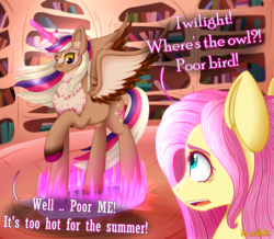 Size: 2700x2350 | Tagged: safe, artist:mailner, fluttershy, owlowiscious, twilight sparkle, alicorn, bird pone, chimera, hybrid, owl, owl pony, pegasus, pony, g4, book, bookshelf, cute, duo, female, fusion, golden oaks library, hackles, high res, mare, plumage, spell gone wrong, spread wings, transformation, twilight sparkle (alicorn), we have become one, wings