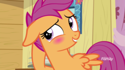 Size: 1920x1080 | Tagged: safe, screencap, scootaloo, pegasus, pony, g4, marks and recreation, blushing, discovery family logo, female, filly, foal, solo