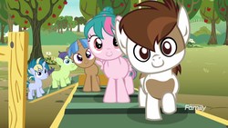 Size: 1920x1080 | Tagged: safe, screencap, mocha berry, pipsqueak, skeedaddle, tulip swirl, earth pony, pony, g4, marks and recreation, colt, discovery family logo, looking at you, male