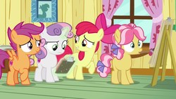 Size: 1920x1080 | Tagged: safe, screencap, apple bloom, kettle corn, scootaloo, sweetie belle, g4, marks and recreation, cutie mark crusaders, discovery family logo