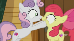 Size: 1661x933 | Tagged: safe, screencap, apple bloom, sweetie belle, earth pony, pony, unicorn, g4, marks and recreation, duo, female, filly, foal, out of context