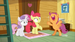 Size: 1320x742 | Tagged: safe, screencap, apple bloom, scootaloo, sweetie belle, earth pony, pony, g4, marks and recreation, cutie mark crusaders, discovery family logo