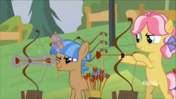 Size: 1320x742 | Tagged: safe, screencap, kettle corn, mocha berry, earth pony, pony, unicorn, g4, marks and recreation, archery, colt, discovery family logo, female, filly, male