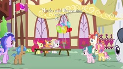 Size: 1920x1080 | Tagged: safe, screencap, apple bloom, kettle corn, minuette, mocha berry, rainbow stars, rumble, scootaloo, sea swirl, seafoam, sweetie belle, tulip swirl, pegasus, pony, g4, marks and recreation, colt, credits, cutie mark crusaders, cutie mark crusaders flag, discovery family logo, male, may chan