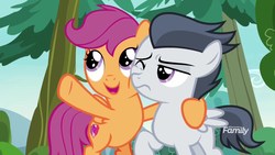 Size: 1920x1080 | Tagged: safe, screencap, rumble, scootaloo, pegasus, pony, g4, marks and recreation, colt, discovery family logo, female, filly, foal, hoof around neck, male, shipping fuel, smoosh, x x everywhere