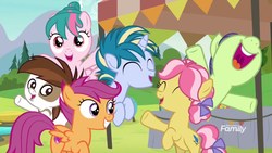 Size: 1920x1080 | Tagged: safe, screencap, cucumber seed, kettle corn, mocha berry, pipsqueak, scootaloo, skeedaddle, tulip swirl, earth pony, pony, g4, marks and recreation, ^^, bipedal, colt, discovery family logo, eyes closed, male