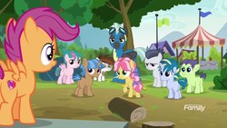 Size: 1920x1080 | Tagged: safe, screencap, cucumber seed, kettle corn, mocha berry, pipsqueak, rumble, scootaloo, skeedaddle, thunderlane, tulip swirl, pegasus, pony, g4, marks and recreation, colt, discovery family logo, male
