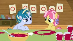 Size: 1920x1080 | Tagged: safe, screencap, kettle corn, skeedaddle, earth pony, pony, unicorn, g4, marks and recreation, circle painting, colt, discovery family logo, duo, enso, female, filly, foal, food, male, strawberry