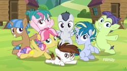 Size: 1920x1080 | Tagged: safe, screencap, cucumber seed, kettle corn, mocha berry, pipsqueak, rumble, skeedaddle, tulip swirl, earth pony, pegasus, pony, unicorn, g4, marks and recreation, colt, discovery family logo, female, filly, male