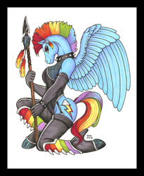 Size: 701x856 | Tagged: safe, artist:luthiennightwolf, rainbow dash, anthro, g4, alternate hairstyle, clothes, collar, female, hoers, long neck, solo, spear, weapon