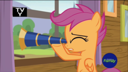 Size: 1320x742 | Tagged: safe, screencap, scootaloo, pegasus, pony, g4, marks and recreation, discovery family logo, female, filly, foal, solo, telescope, tv-y