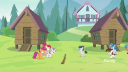 Size: 1920x1080 | Tagged: safe, screencap, apple bloom, kettle corn, pipsqueak, rumble, scootaloo, skeedaddle, sweetie belle, pegasus, pony, g4, marks and recreation, colt, cutie mark crusaders, discovery family logo, male