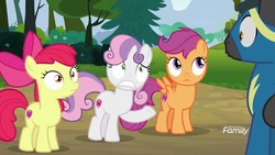 Size: 1920x1080 | Tagged: safe, screencap, apple bloom, scootaloo, sweetie belle, thunderlane, earth pony, pegasus, pony, unicorn, g4, marks and recreation, cutie mark crusaders, discovery family logo, faic, female, filly, male, stallion