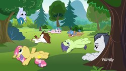 Size: 1920x1080 | Tagged: safe, screencap, cucumber seed, kettle corn, mocha berry, pipsqueak, rumble, skeedaddle, tulip swirl, pony, g4, marks and recreation, bored, colt, discovery family logo, face down, female, filly, foal, forest, lidded eyes, lying, male, on back, prone, sitting, thousand yard stare, tree, upside down