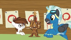 Size: 1920x1080 | Tagged: safe, screencap, pipsqueak, thunderlane, earth pony, pony, g4, marks and recreation, circle, colt, discovery family logo, male, tongue depressor, twilight's castle